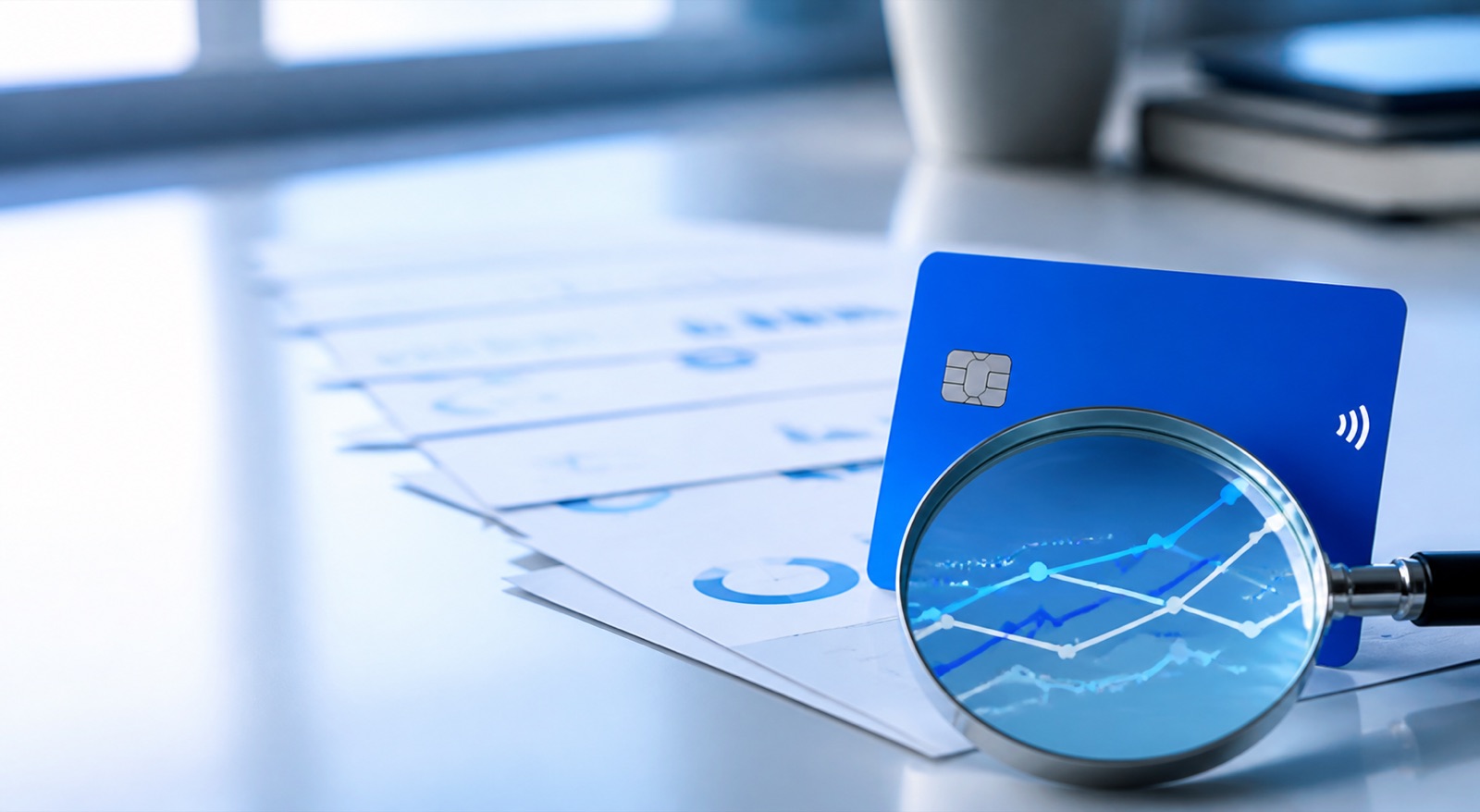 Tarjeta y lupa sobre documentación financiera